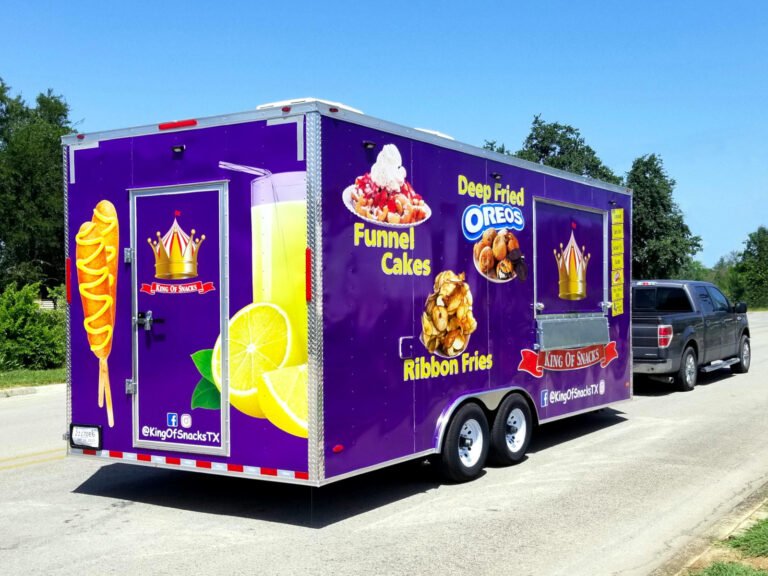 Food Trailer Custom Wrap, rear oblique. KingofSnacksTX (1)--