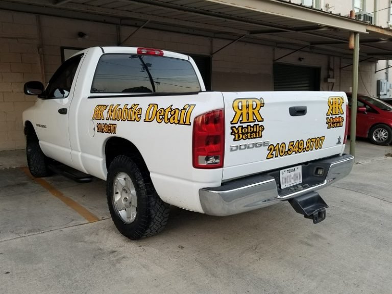Commercial Vinyl Truck Decals on a white Pick-up.