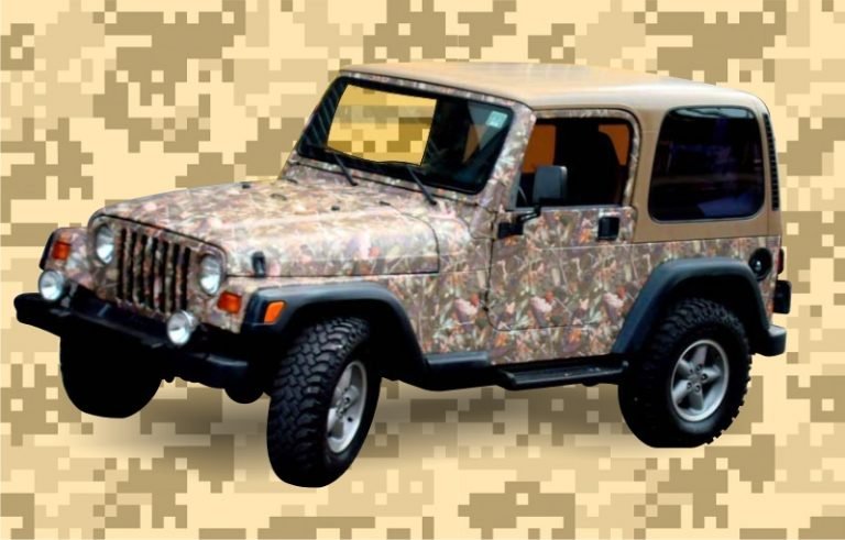 3/4 image of a Jeep Wrangler with Desert tone Camo Wrap Vinyl