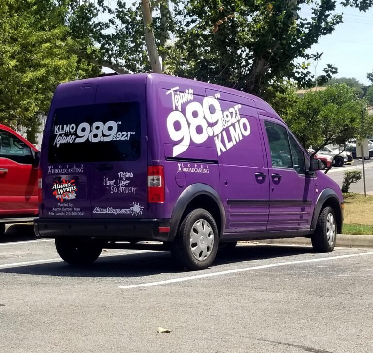 Tejano 98.9 custom van wrap, rear obl (1)-