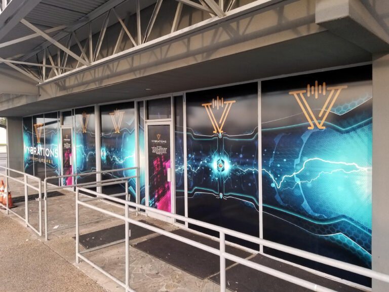 Club windowfront wrapped in printed see-thru vinyl.