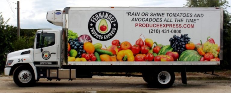 Truck Wrap of a 27' refrigerated delivery box truck with image of multiple fruits, logo, slogan and contact information. The cabin door is also branded with logo and contact info decals.